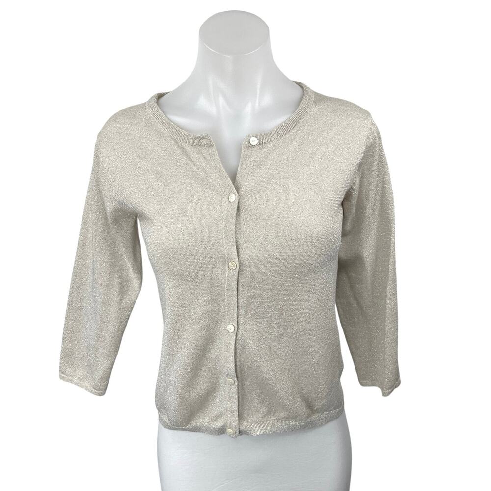 Nice Thing Mini Beige Metallic 3/4 Sleeve Button Crop Cardigan Sweater Top Sz 14